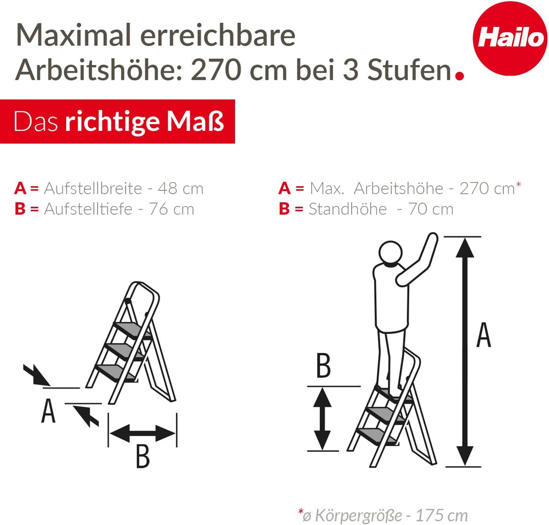 Hailo K44 StandardLine Klapptritt - 3-stufige Trittleiter aus Stahl mit grossen Stufen und Anti-Ruts