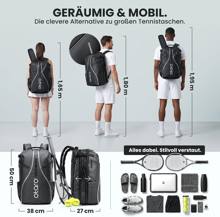 Otaro Tennisrucksack mit Schuhfach (Für 2 Tennisschläger) Inkl. Separierten Schuhfach &amp; Schlägerschu