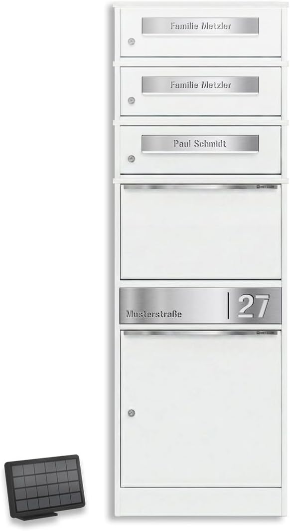 Metzler Paketbriefkasten mit LED-Beleuchtung und Namensgravur, solarbetrieben und abschliessbar, Wei