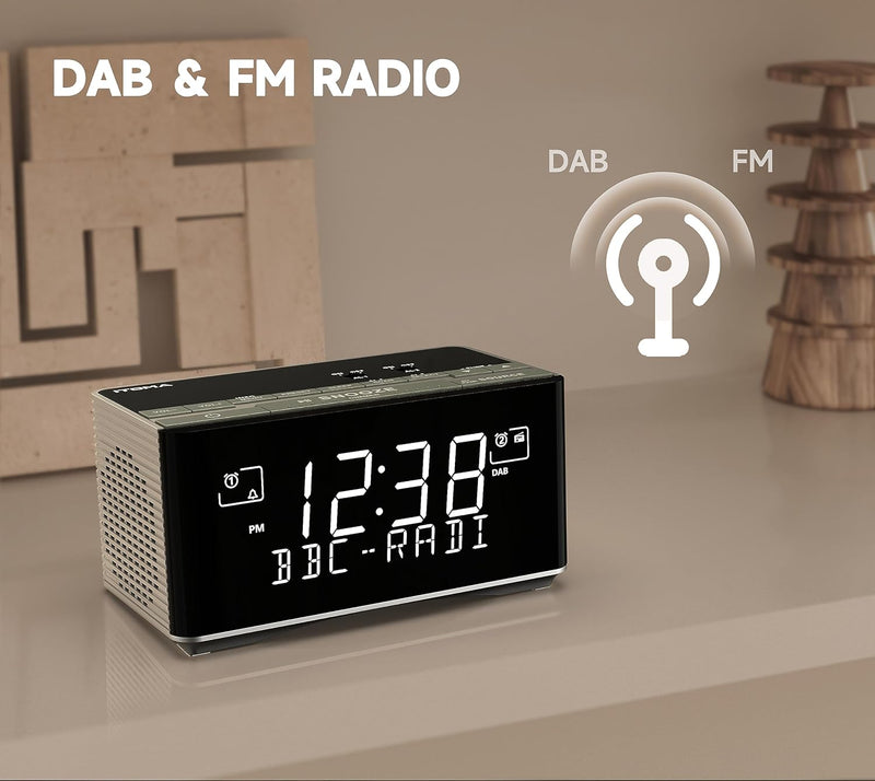 iTOMA FM/DAB Radiowecker mit USB-Ladeanschluss, Bluetooth Stereo Lautsprecher, Kopfhörerbuchse, Dual