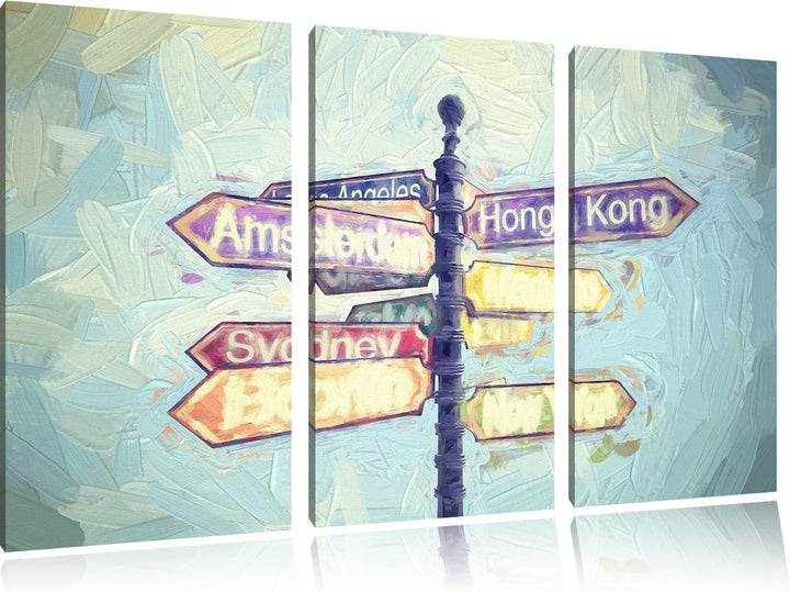Pixxprint Städte Wegweiser Kunst als Leinwandbild | Grösse: 3 Teilig (120x80) | Wandbild| Kunstdruck