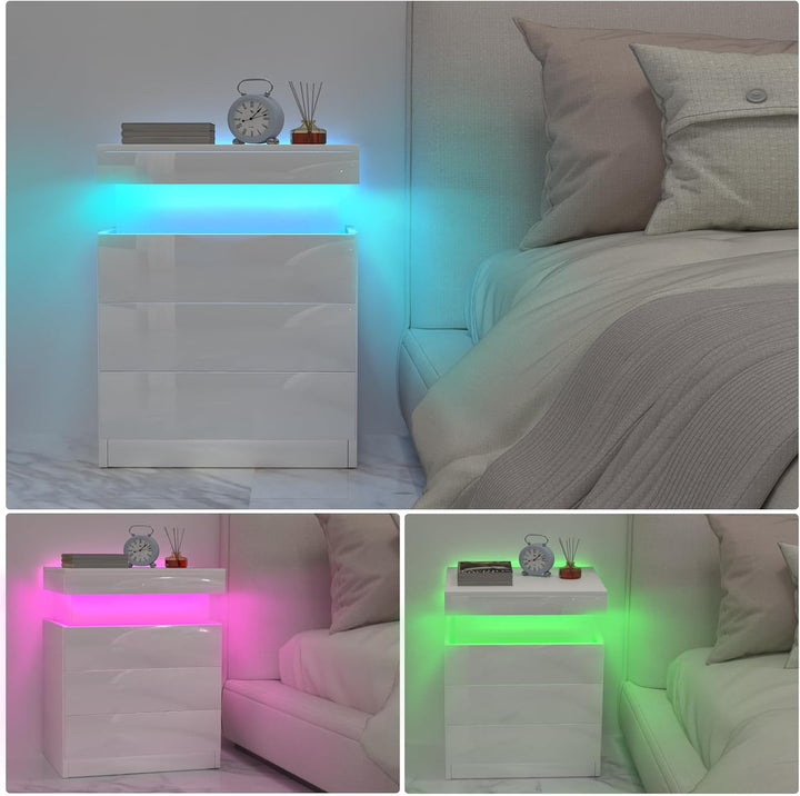 Nachttisch mit Steckdose, Nachtschrank mit Led Licht, Nachtkommode mit 3 Schubladen und Versteckte S