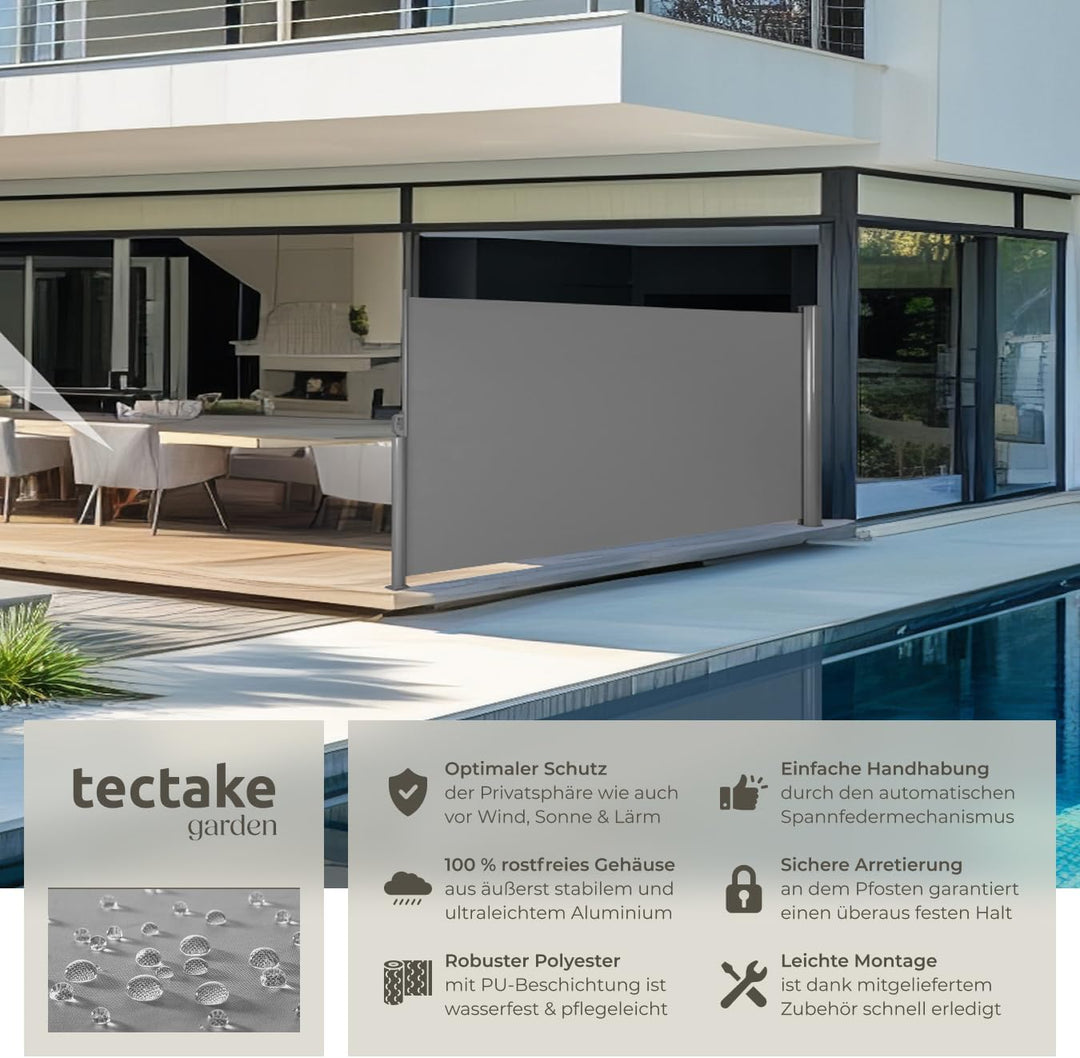 tectake blickdichte Aluminium Seitenmarkise, Wind- und Sichtschutz für Balkon, Garten und Terrasse,