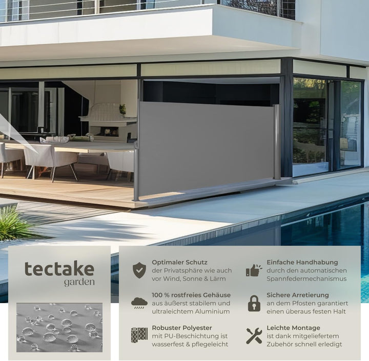 tectake blickdichte Aluminium Seitenmarkise, Wind- und Sichtschutz für Balkon, Garten und Terrasse,