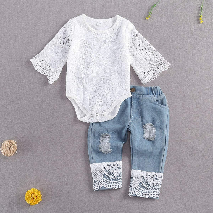 Geagodelia Babykleidung Set Baby Mädchen Kleidung Outfit Langarm Spitze Body Strampler + Jeans Hose