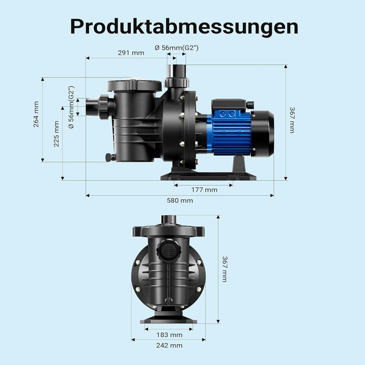 Wiltec Poolpumpe 16800 l/h 567 W für 67-100m³ Pools, Schwimmbadpumpe mit 10,5 m Förderhöhe, Umwälzpu