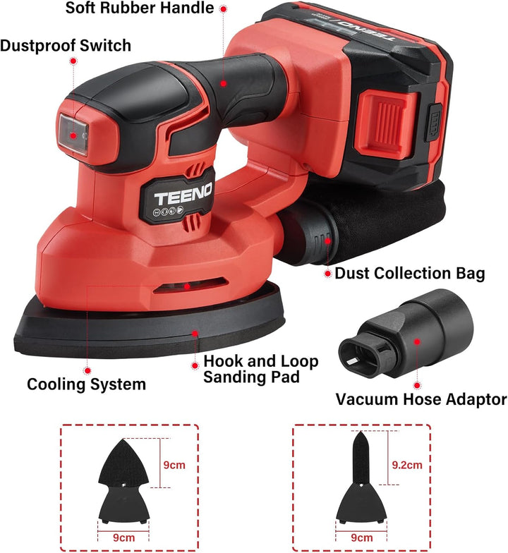 TEENO Akku-Schleifmaschine 3-in-1, 20 V, Delta-Schleifer mit 2 A Akku, 13000 U/min, Detailschleifer