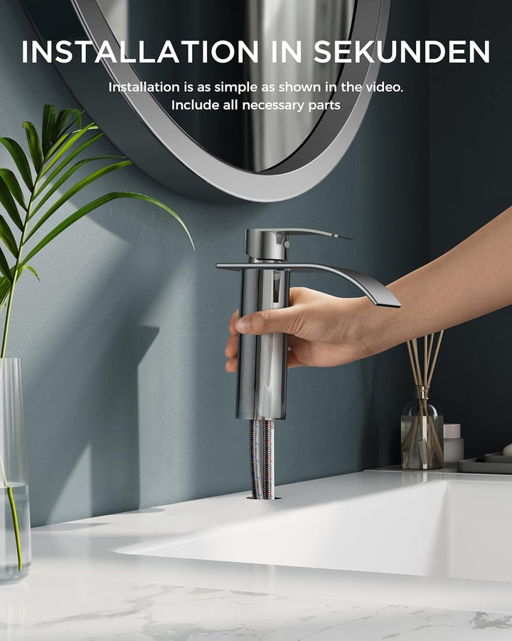 Wasserfall-Badezimmerarmaturen Rund Einlochmontage, mit Auslaufhöhe 110 MM Einhand-Waschtischarmatur
