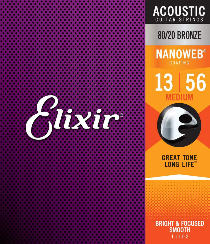Elixir 11102 Saiten 80/20 Bronze Akustik-Gitarrensaiten mit NANOWEB Beschichtung, Medium (.013-.056)