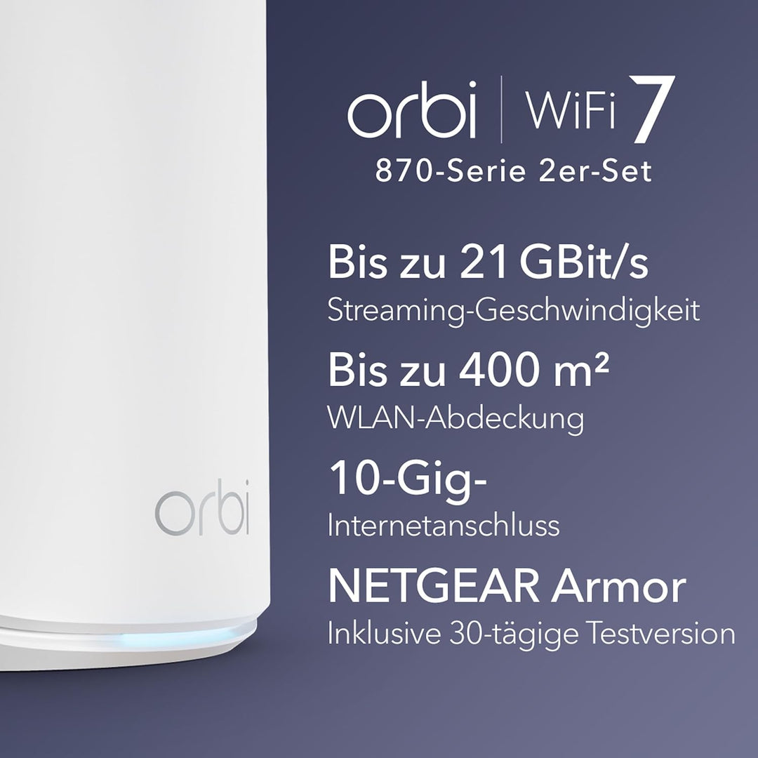 NETGEAR Orbi 870 Serie Tri-Band WiFi 7 Mesh-System (RBE872) – Router + 1 Satellit-Repeater, Sicherhe