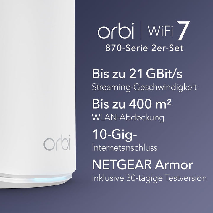 NETGEAR Orbi 870 Serie Tri-Band WiFi 7 Mesh-System (RBE872) – Router + 1 Satellit-Repeater, Sicherhe