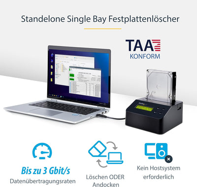 StarTech.com 1-Bay Festplatten Löscher, Selbständiges HDD/SSD Löschgerät, USB 3.0 auf SATA II (3 Gbi