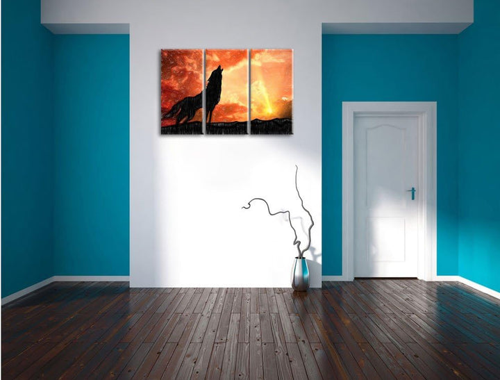 Pixxprint einsamer Wolf auf den Sonnenuntergang Heulen Kunst Buntstift Effekt 3-Teiler Leinwandbild