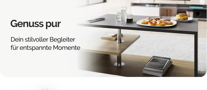 Casaria® Couchtisch Grau Holz Modern mit Stauraum 95x55cm Edelstahl Füsse Rund Höhenverstellbar Abla