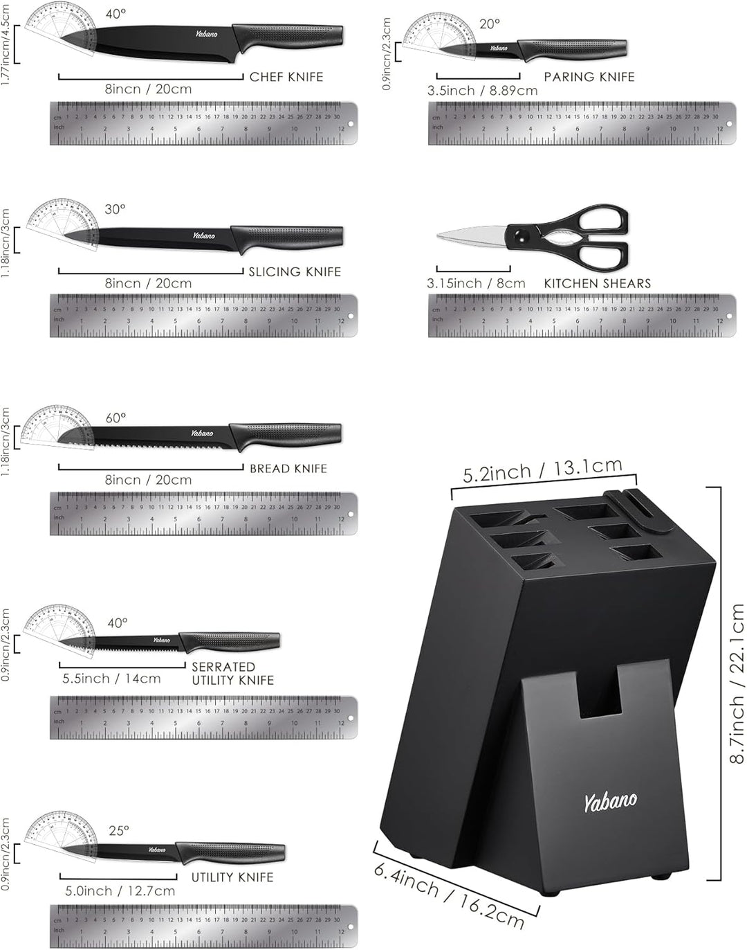 Yabano Messerblock Set, 8-teilig Küchenmesserset mit eingebautem Messerschärfer, Scharfe Edelstahl K