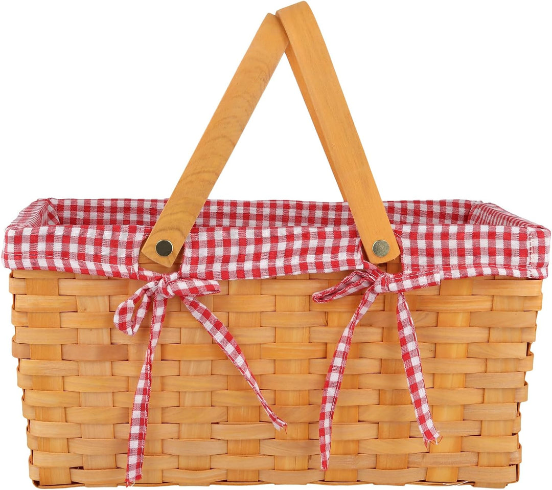 Picknickkorb mit Henkel, Weidenkorb Holz Einkaufskorb, 34 x 21 x 16 cm Geflochtener Korb mit Leinent