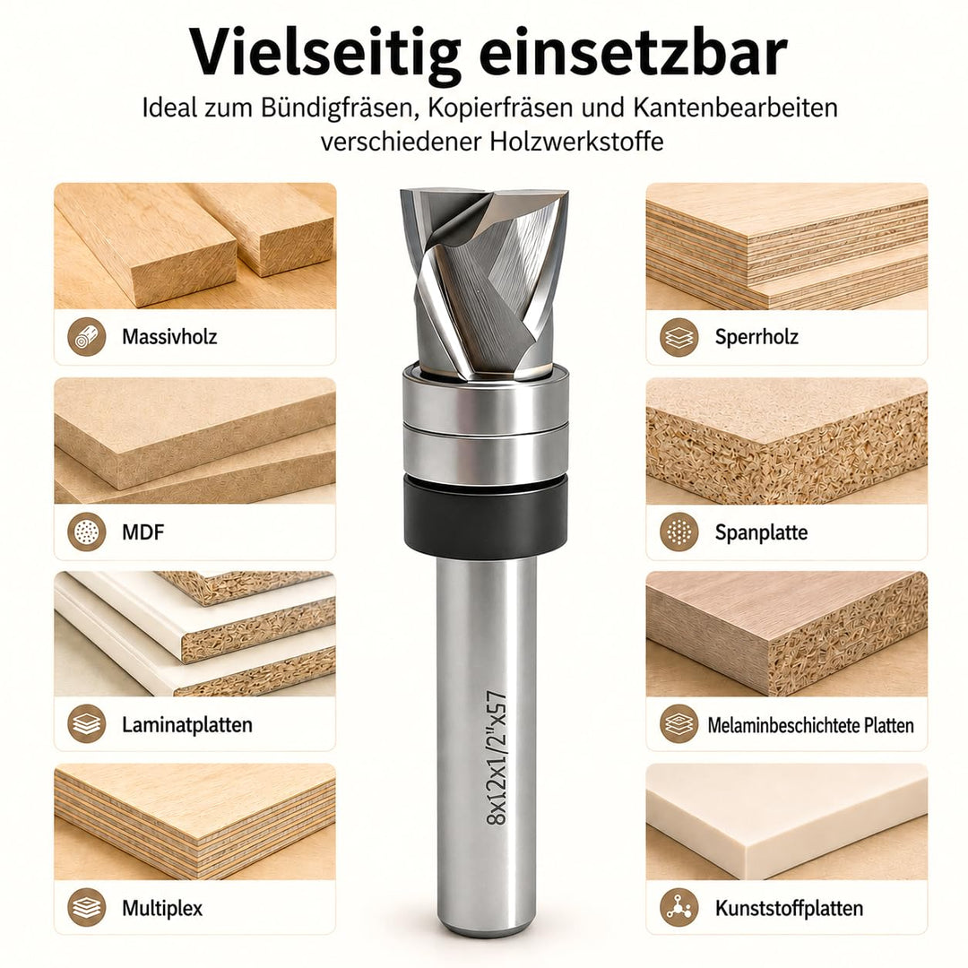 GLRYD Spiralfräser Bündigfräser 8mm Schaft, 12.7mm Schnittlänge, D=12mm, VHM Kompression Spiralnutfr