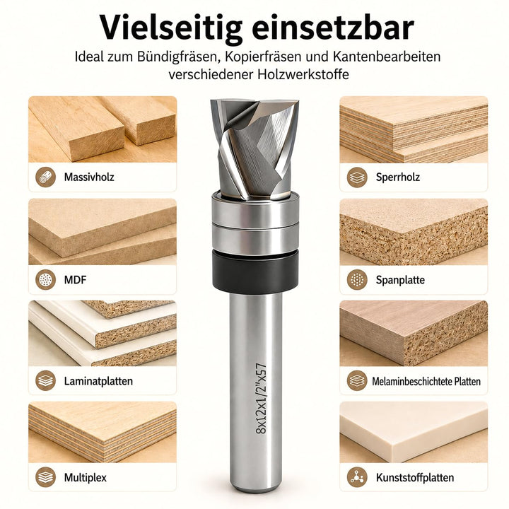 GLRYD Spiralfräser Bündigfräser 8mm Schaft, 12.7mm Schnittlänge, D=12mm, VHM Kompression Spiralnutfr