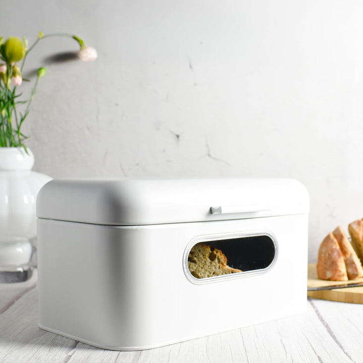 Sendez Brotkasten aus Metall mit Sichtfenster Brotkorb Aufbewahrung für Brot und Brötchen weiss mit
