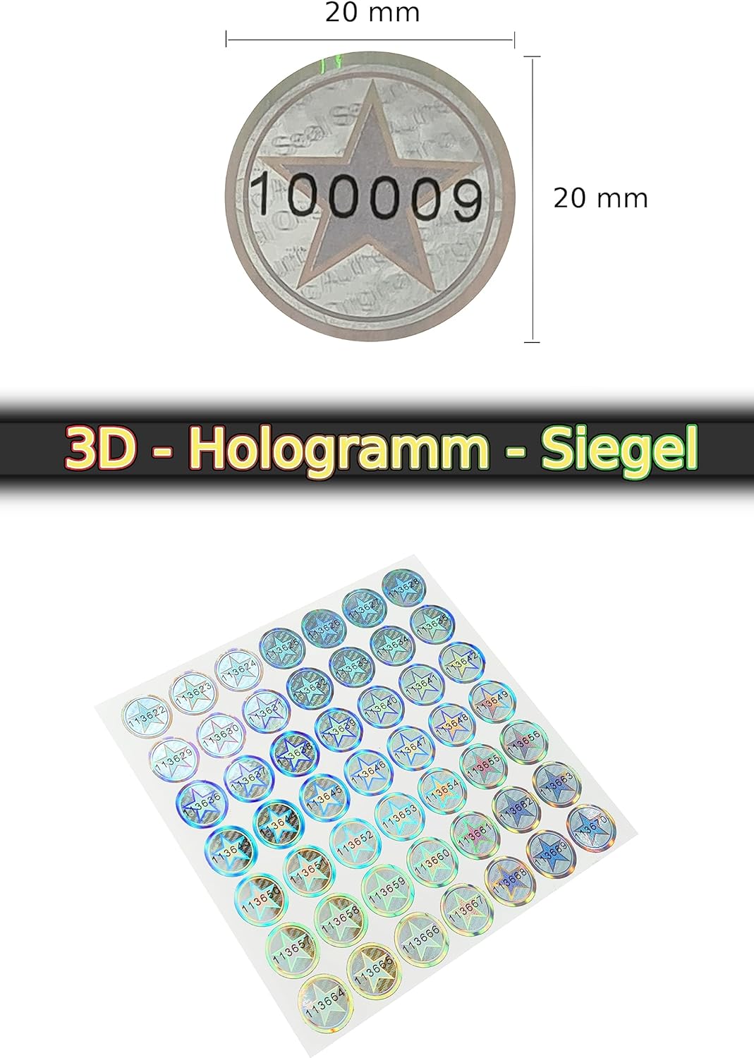 440 Stk - 3D Hologramm-Siegel 20mm silber glänzend - Sicherheitssiegel, Siegel Aufkleber, Garantiesi