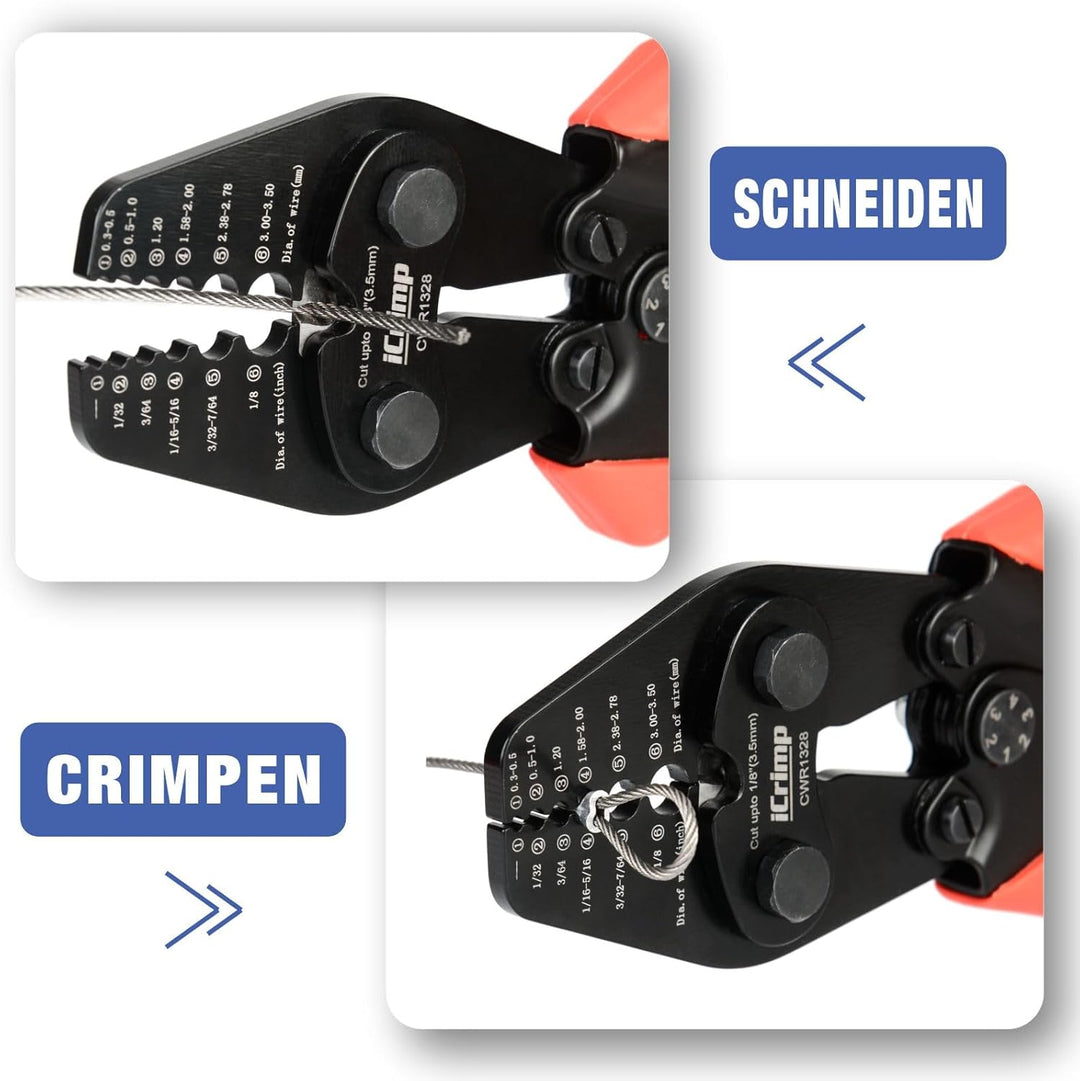 iCrimp CWR1522 Drahtseil Crimpzange mit Schneider 0,1–2,2 mm | Drahtseil Crimpwerkzeug mit Schneidfu