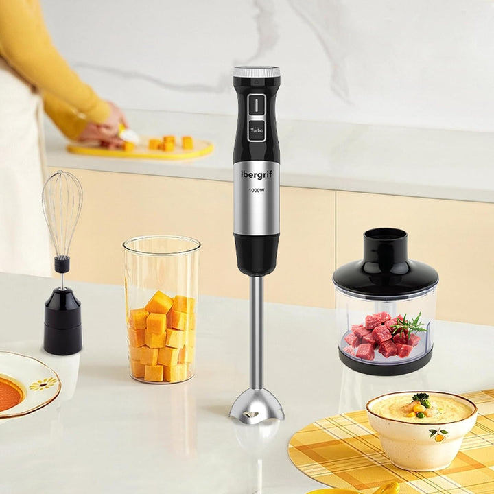 Ibergrif Stabmixer 1000W 4-in-1 Edelstahl Handmixer mit stufenloser Geschwindigkeitsregelung und Tur