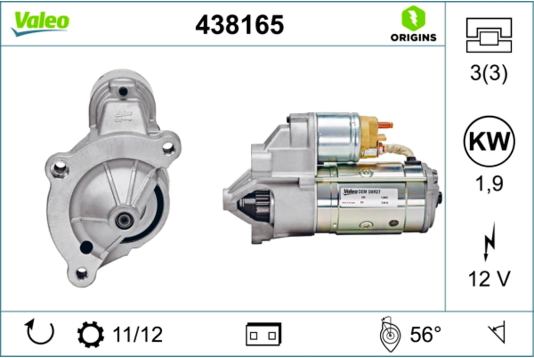 VALEO 438165 Starter Nennleistung: 1,9 kW Stop & Start: NO Zähnezahl: 11/12 zähne Spannung: 12 V Dre