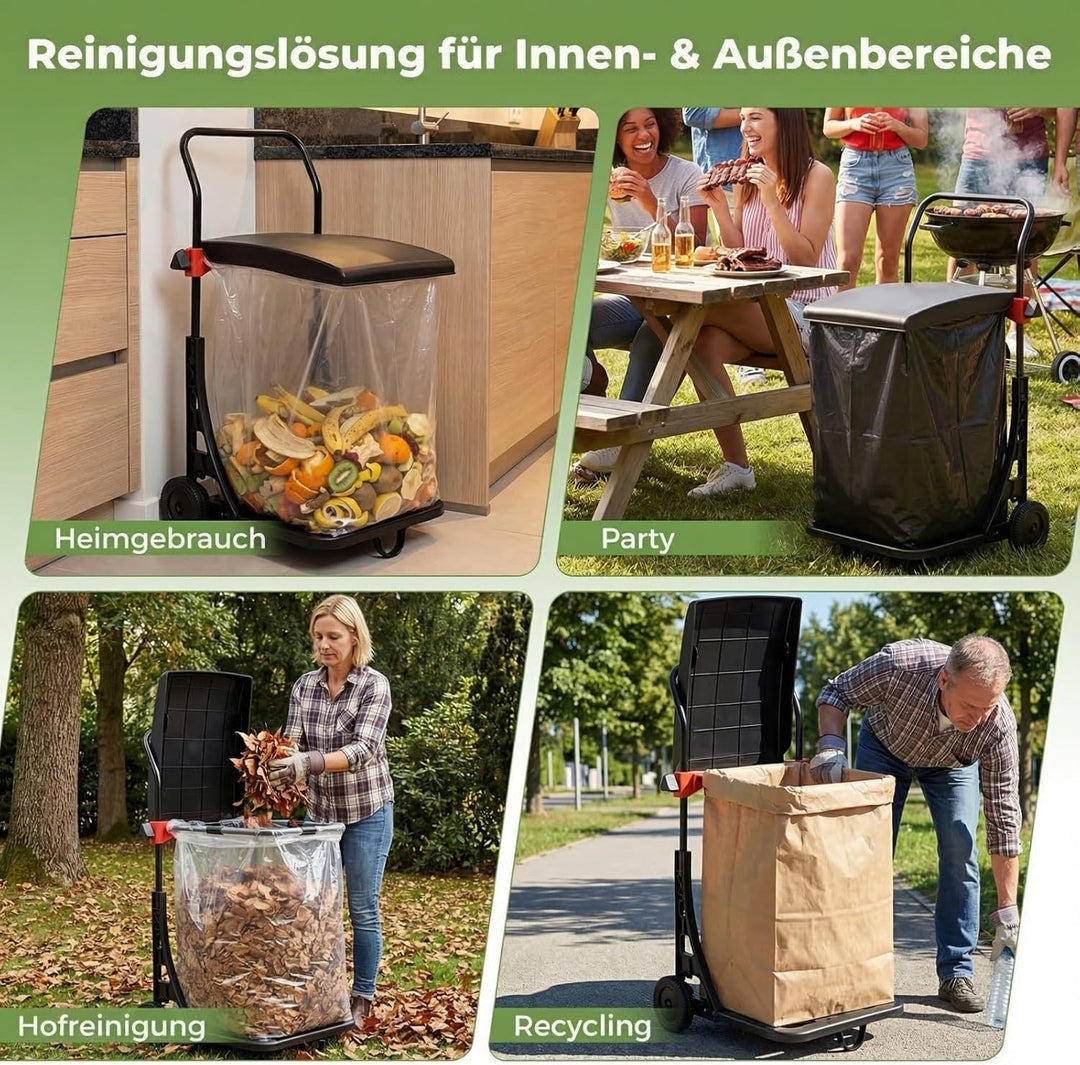 COSTWAY Müllsackständer, Abfallwagen mit Rollen & Deckel, Müllsackhalter höhenverstellbar, Müllbeute