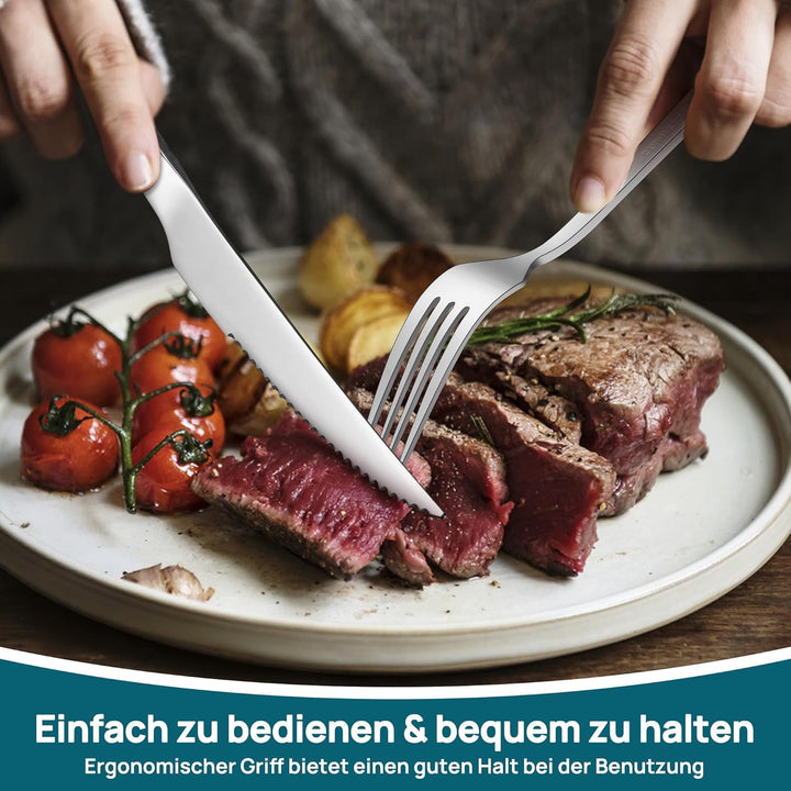 Herogo Steakbesteck Set, 24-teilig Edelstahl Messer und Gabel Set für 12 Personen, Silber Besteck St