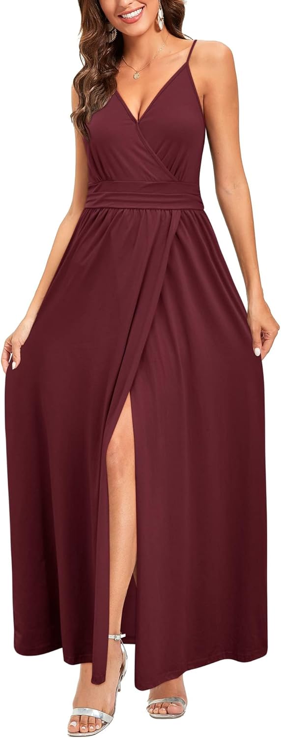 Newshows Sommerkleid Damen Lang Maxikleid Sommer V Ausschnitt Kleid Schlitz Elegant Spaghettiträger