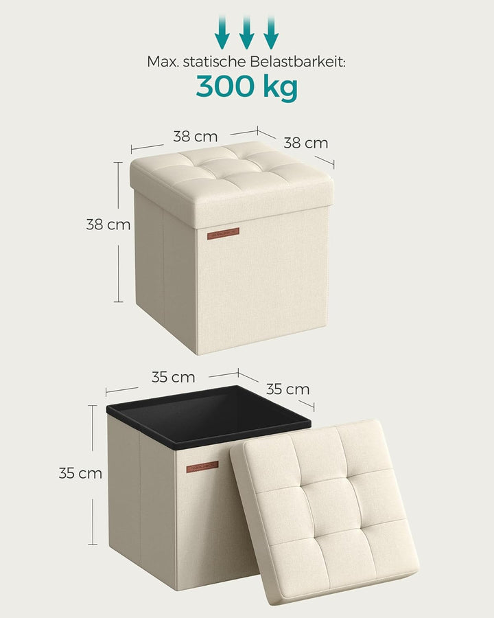 SONGMICS 38 cm Sitzbank mit Stauraum, klappbare Sitztruhe, Aufbewahrungsbox, Fussbank, cremeweiss LS