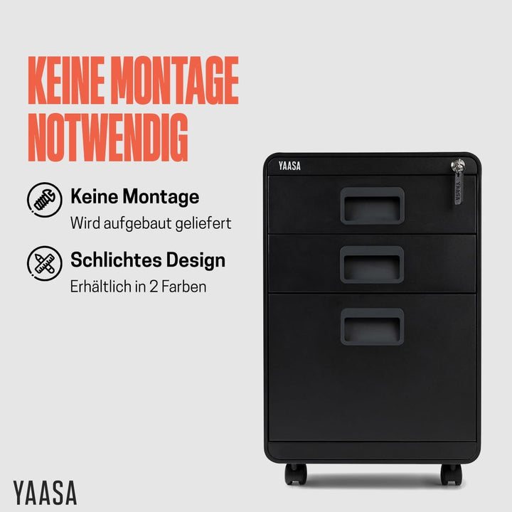 Yaasa File Cabinet Curved Standard Schwarz - Rollcontainer aus Stahl, Aktenschrank mit 3 verschliess