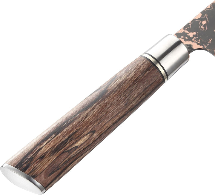 zayiko ShadowMagma Chefmesser mit 21,5 cm Klinge aus 73 Lagen Damaststahl | VG10-Kern, Kupfer-Bronze