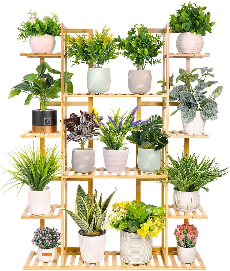 Pflanzenregal Bambus, Blumenregal mit 9 Ablagen mehrstöckig, EXTRA GROss Blumenständer Blumentreppe