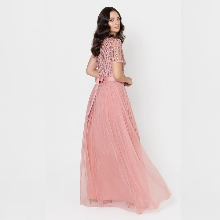Damen Ballkleid Abendkleid V-Ausschnitt Maxi Länge Pailletten Kurze Ärmel für Hochzeit Geburtstag Br