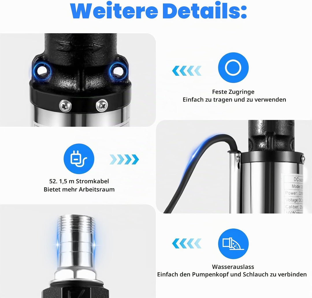 24V Edelstahl Tauchpumpe, 320W 5m³/h 25m Tiefbrunnenpumpe mit 16m Kabel für Landwirtschaft Haus Gart