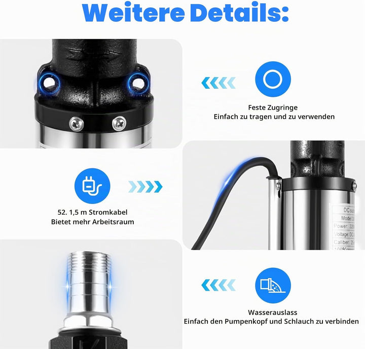 24V Edelstahl Tauchpumpe, 320W 5m³/h 25m Tiefbrunnenpumpe mit 16m Kabel für Landwirtschaft Haus Gart