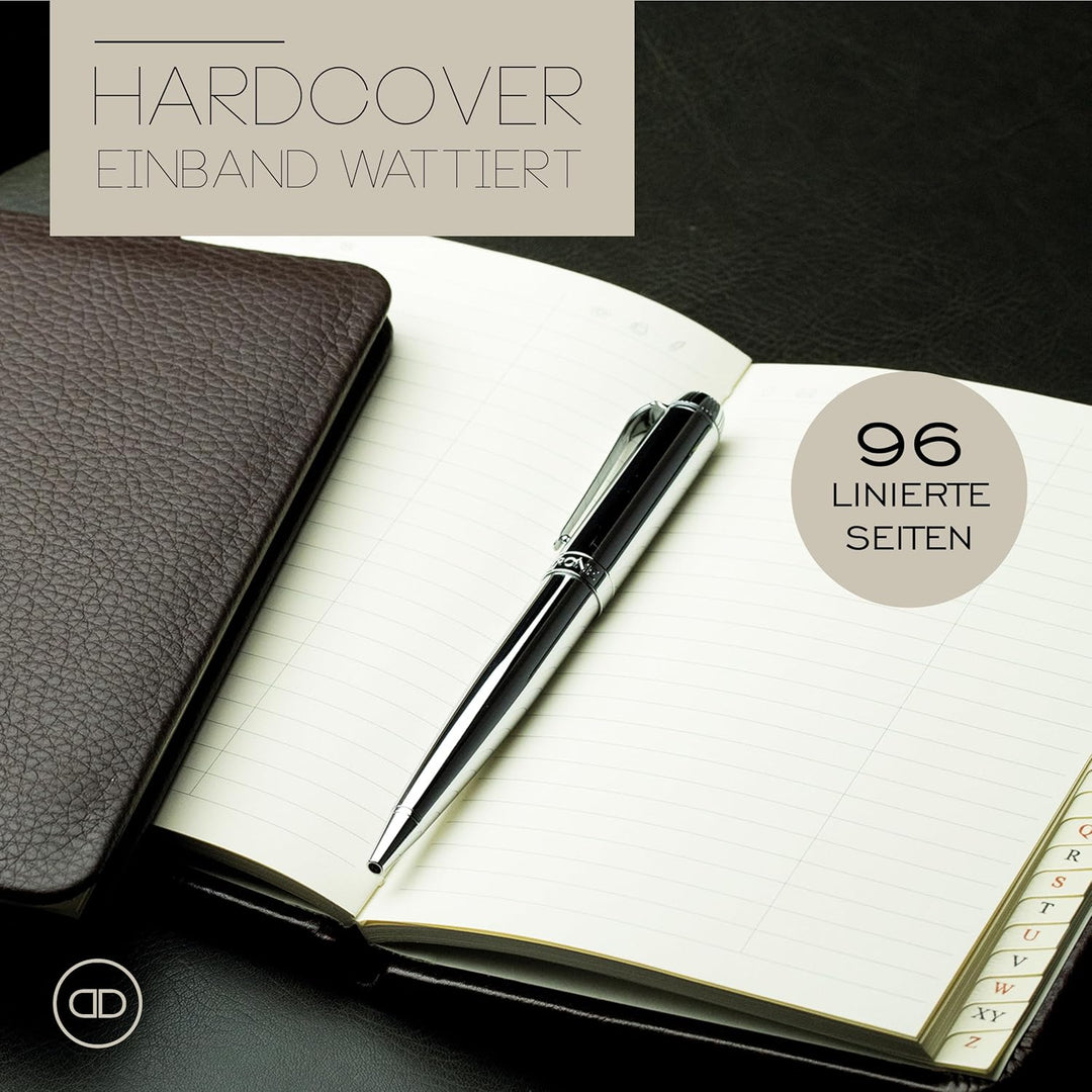 DELMON VARONE - Personalisierbares Adressbuch DIN A6 gebunden mit A-Z Register Soft Grain Leder brau