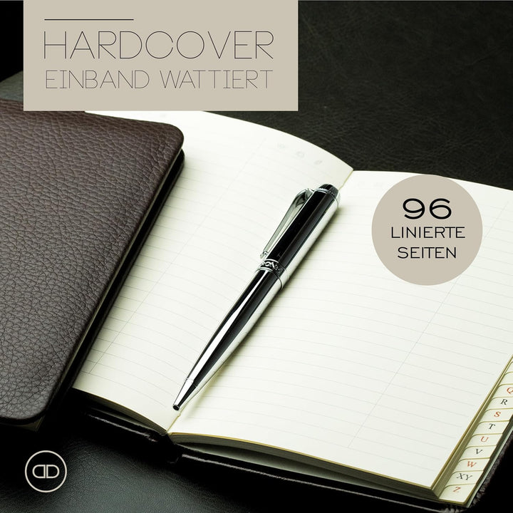 DELMON VARONE - Personalisierbares Adressbuch DIN A6 gebunden mit A-Z Register Soft Grain Leder brau