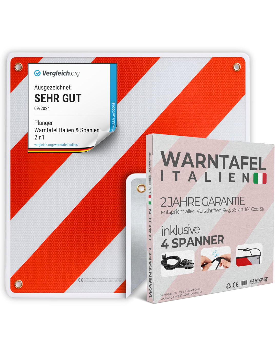 PLANGER® - Warntafel Italien (50 x 50 cm) + Spanner - Reflektierendes Warnschild rot weiss für Heckt