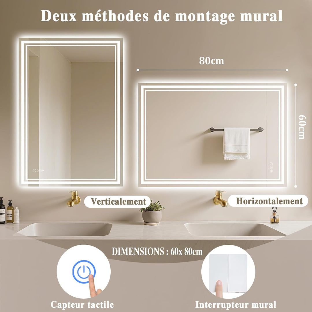 Badspiegel-mit-Beleuchtung 80x60 - LED Badezimmerspiegel mit Bluetooth - Badezimmer Spiegel mit Bele