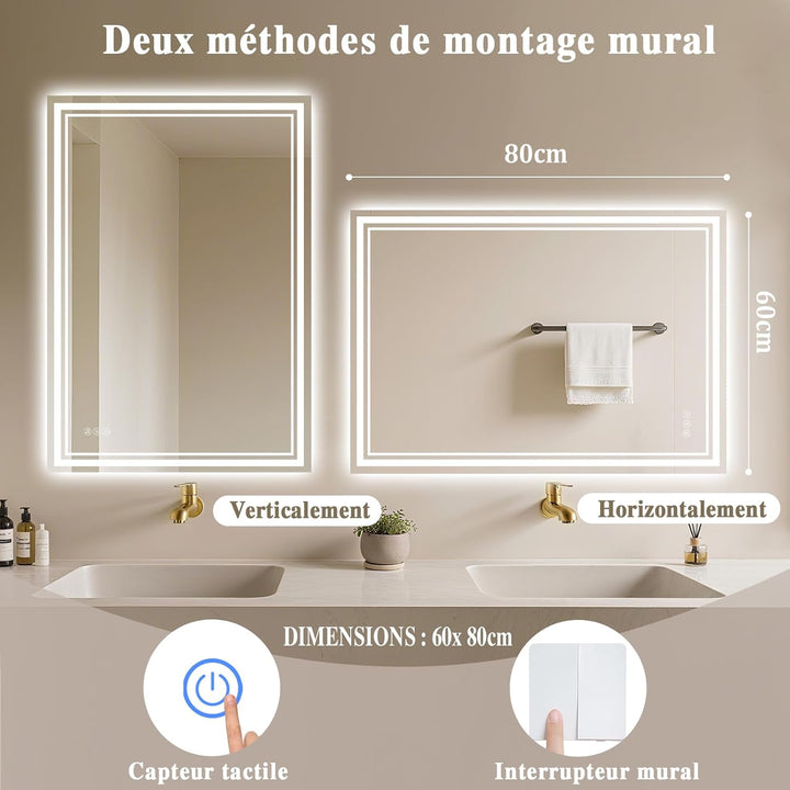 Badspiegel-mit-Beleuchtung 80x60 - LED Badezimmerspiegel mit Bluetooth - Badezimmer Spiegel mit Bele