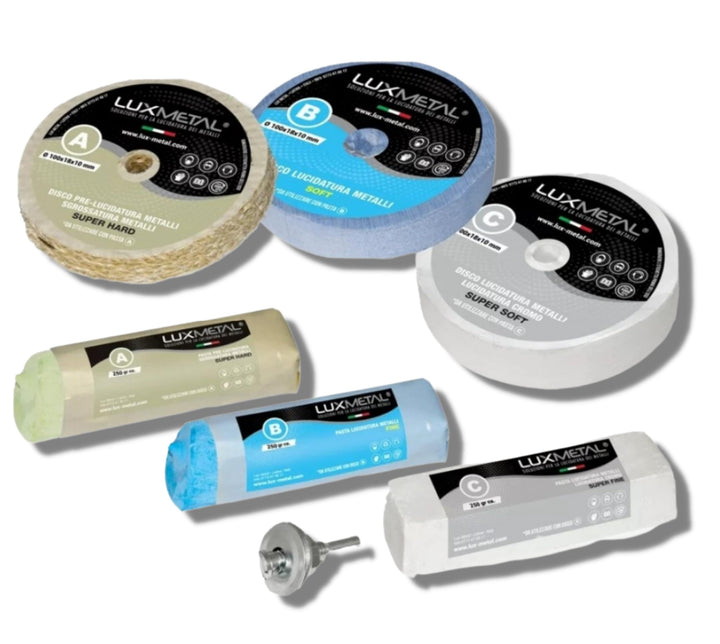 Lux Metal 3 polierpaste 250 g - 3 Polierscheibe 100 mm, Polierset set DIY kit Schleifpaste Metall, A