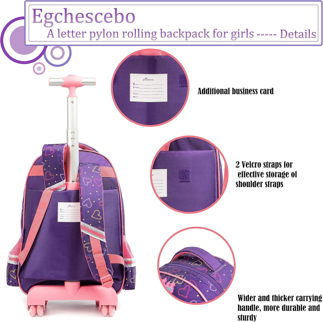 Egchescebo Schulranzen Kinder Rollrucksack für Mädchen 17" 3PCS Rollen Reiserucksäcke Lila-4, Lila-4