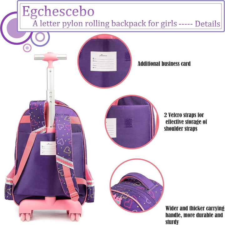 Egchescebo Schulranzen Kinder Rollrucksack für Mädchen 17" 3PCS Rollen Reiserucksäcke Lila-4, Lila-4