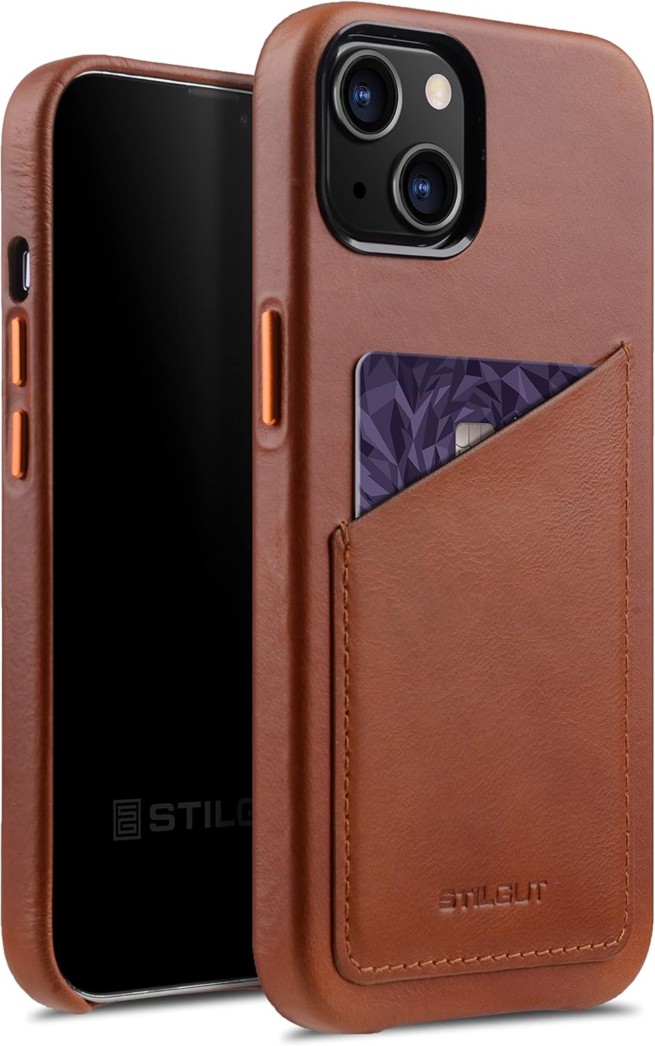 STILGUT Cover kompatibel mit iPhone 13 Hülle mit Kartenfach, Case aus Leder, Kartenhülle - Cognac Na
