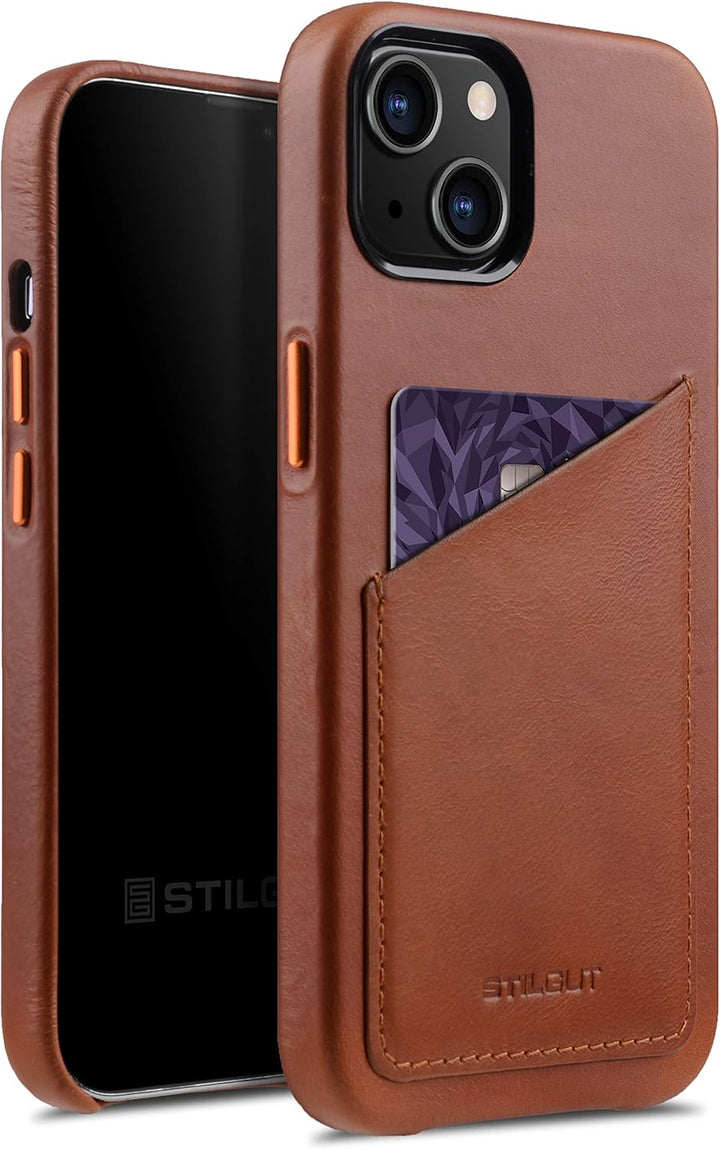 STILGUT Cover kompatibel mit iPhone 13 Hülle mit Kartenfach, Case aus Leder, Kartenhülle - Cognac Na
