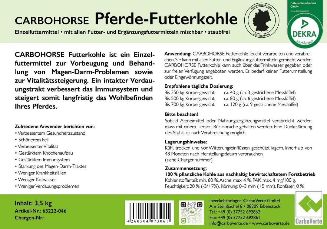 Carbo Verte Premium Futterkohle für eine natürlich gesunde Verdauung bei Pferden, 3,5 kg, nach GMP+