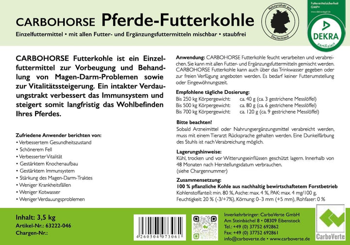 Carbo Verte Premium Futterkohle für eine natürlich gesunde Verdauung bei Pferden, 3,5 kg, nach GMP+