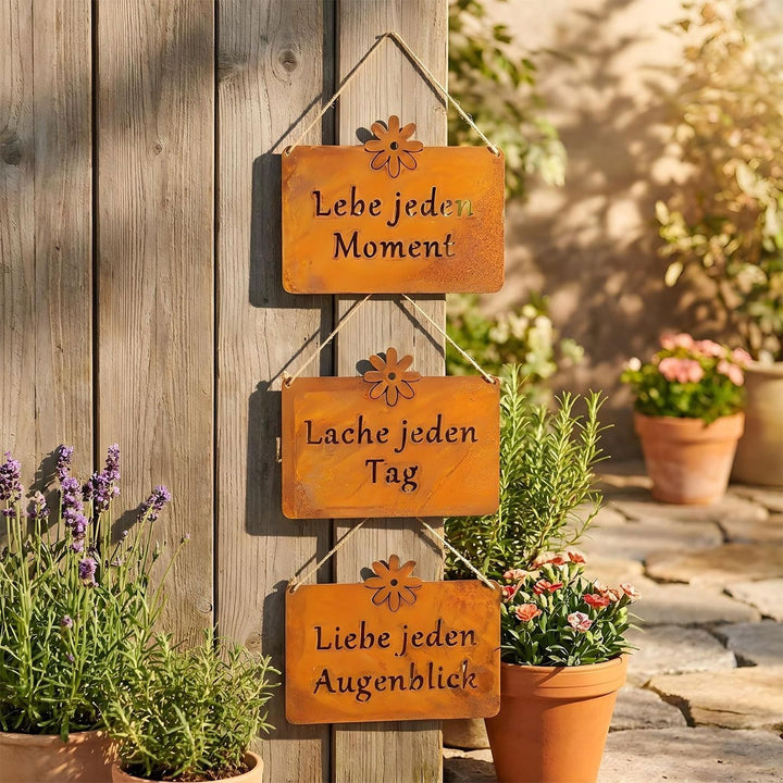 3er Set Wandbilder Sprüche 25x19cm Schilder Garten-Deko Türschild Edelrost Braun Rostdeko Lebe Liebe